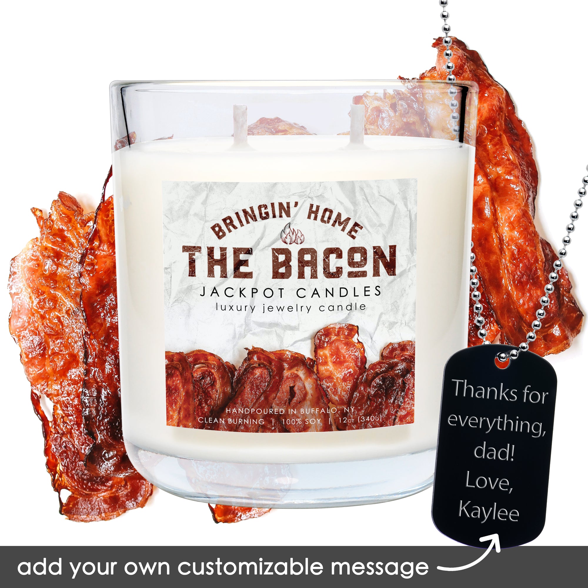 Bringin Home the Bacon Personalized Candle for Fathers Day